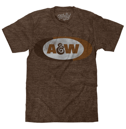 Brown heather T-shirt with A&W oval graphic and Teeluv logo above
