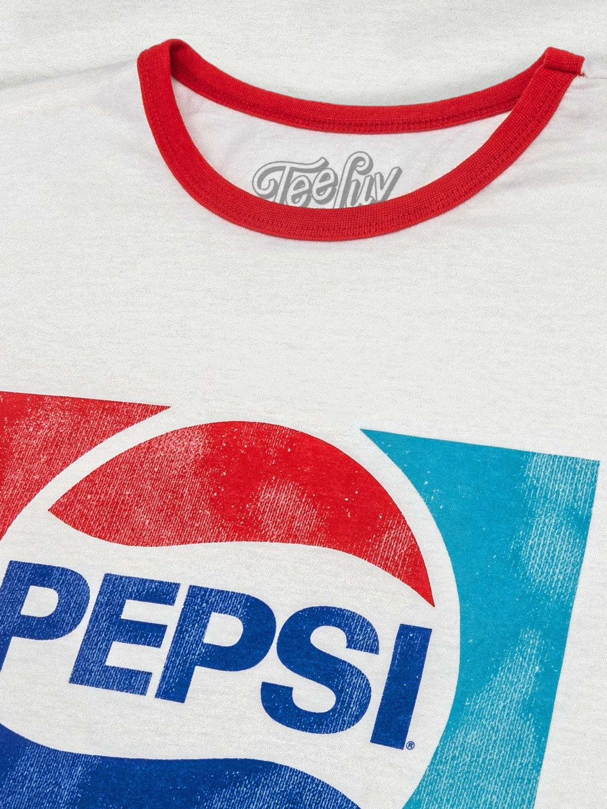 White ringer T-shirt with red neckline trim and Pepsi logo close-up print