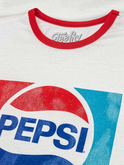 White ringer T-shirt with red neckline trim and Pepsi logo close-up print