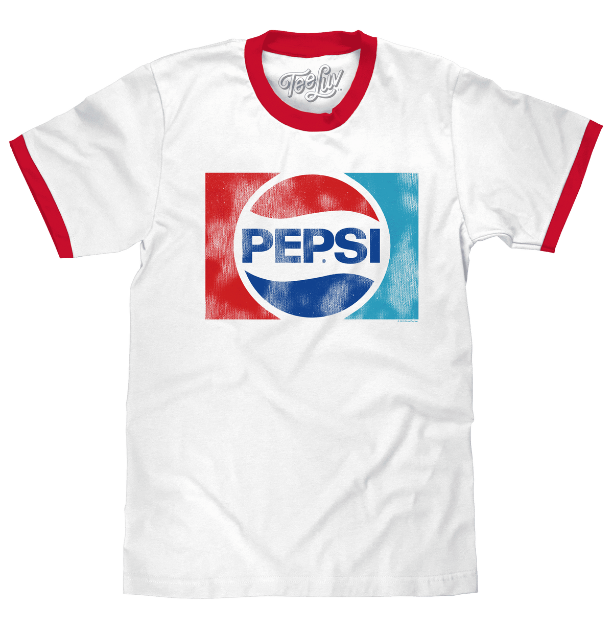 White ringer T-shirt with red sleeve trim and large Pepsi graphic print