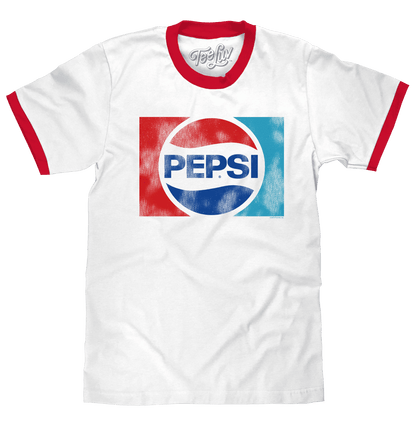 White ringer T-shirt with red sleeve trim and large Pepsi graphic print
