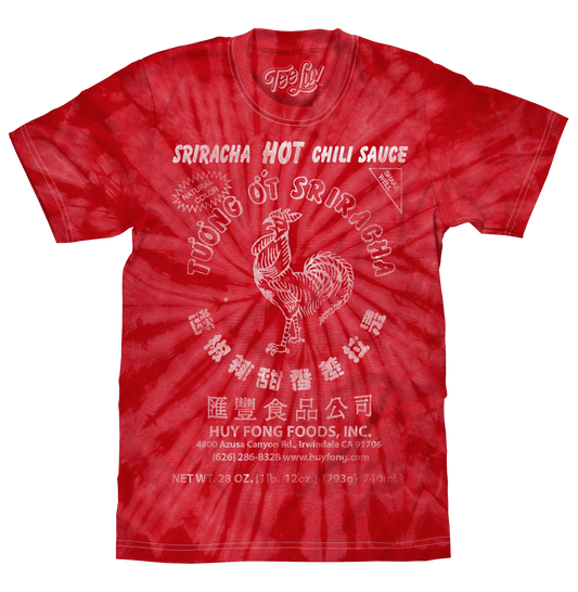 Red spider tie-dye T-shirt with Sriracha Hot Chili Sauce rooster front graphic
