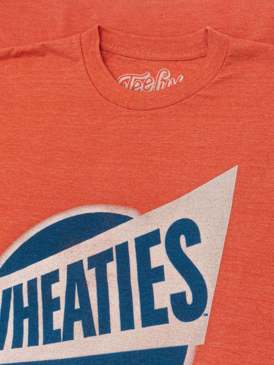 Orange heather T-shirt close-up of Wheaties logo and crew neckline