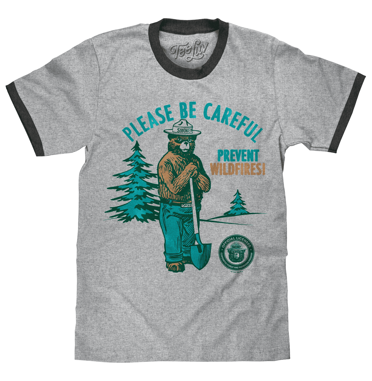 Gray ringer T-shirt with black trim and Smokey Bear front graphic