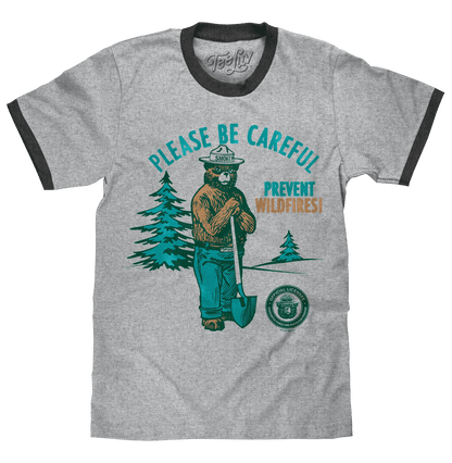 Gray ringer T-shirt with black trim and Smokey Bear front graphic
