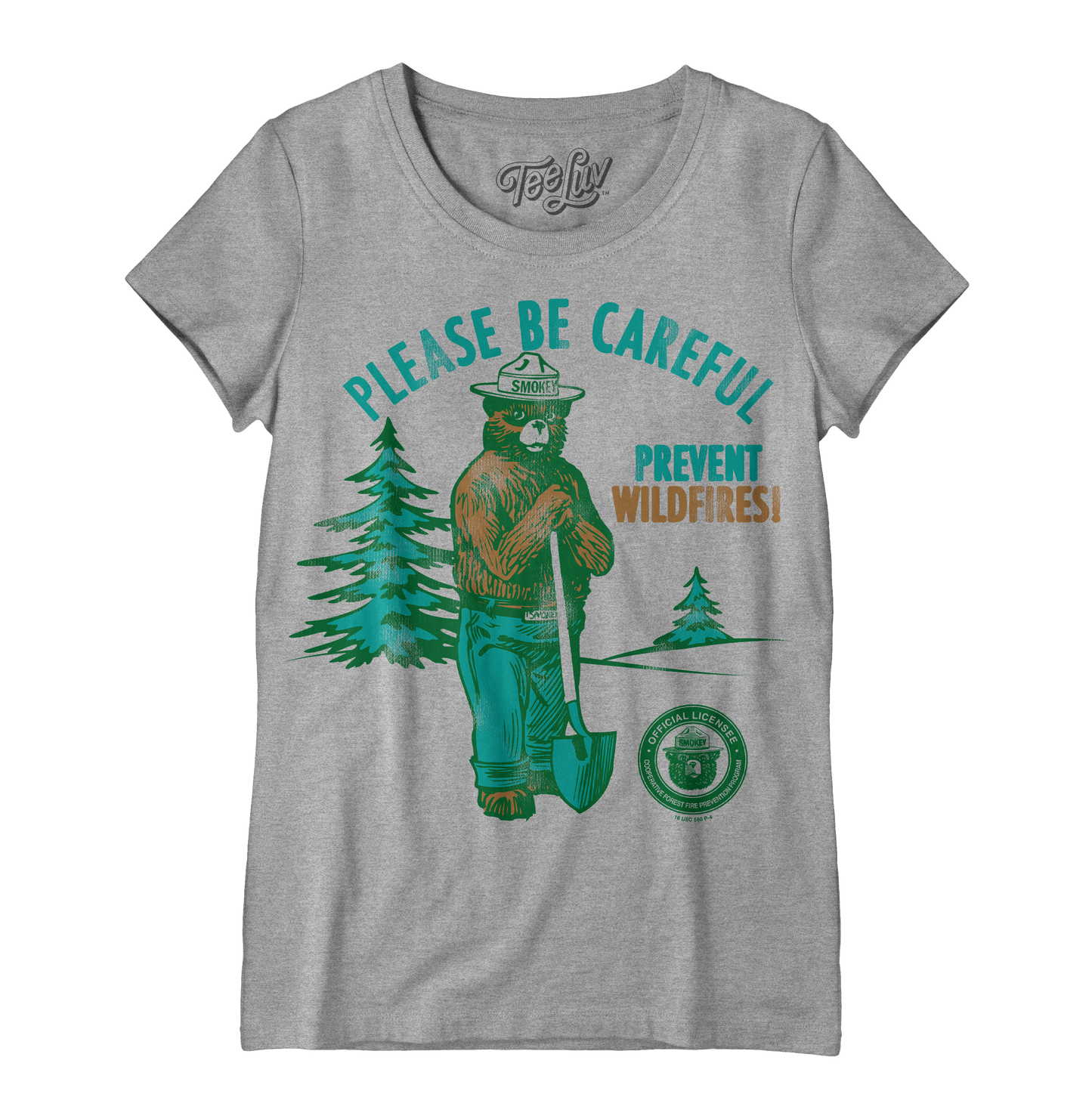 Smokey Bear "Please Be Careful" Women's Scoopneck T-Shirt | Distressed Graphic | Heather Gray