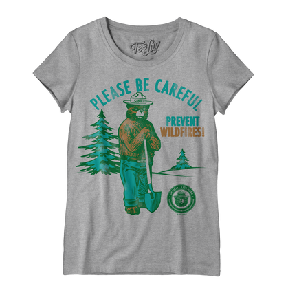 Smokey Bear "Please Be Careful" Women's Scoopneck T-Shirt | Distressed Graphic | Heather Gray