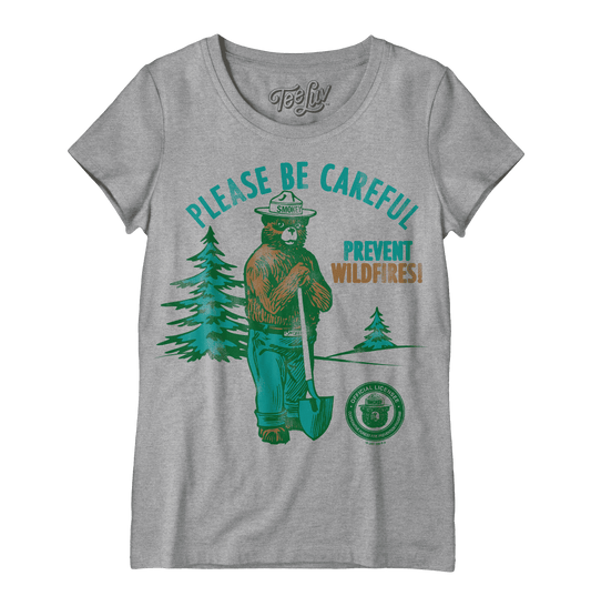 Women's heather gray scoopneck t-shirt with green distressed Smokey Bear graphic