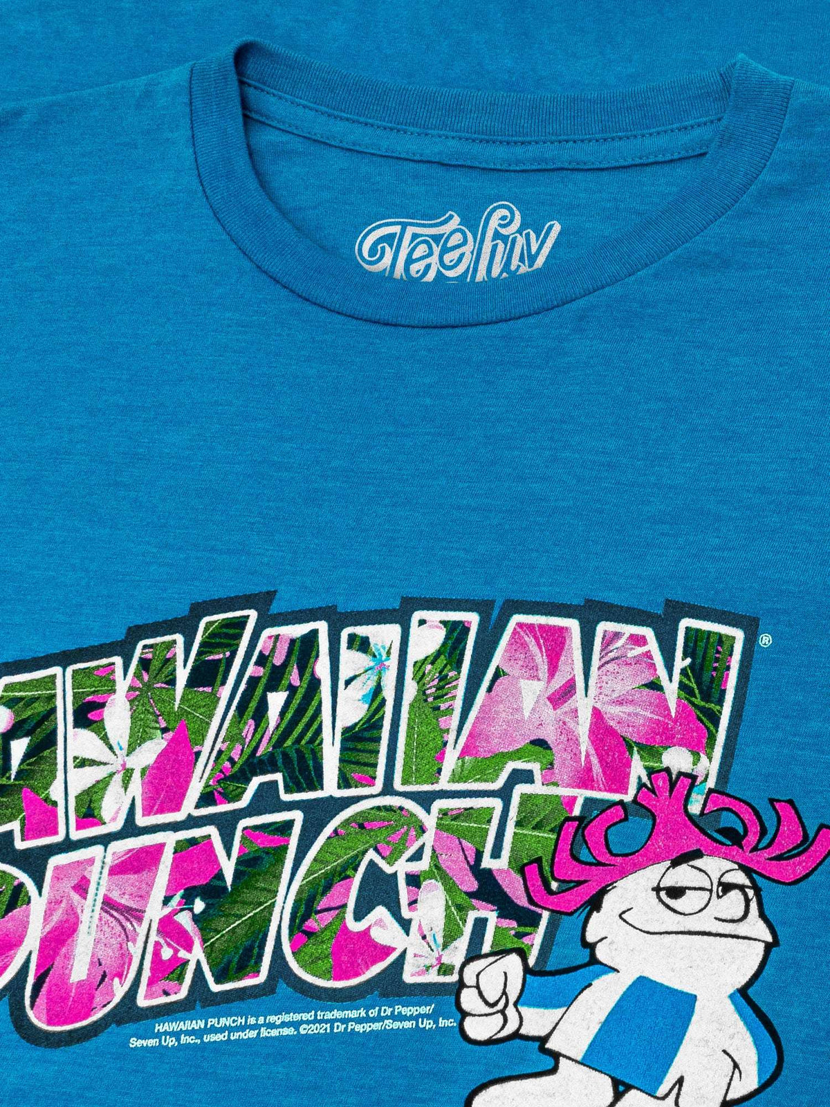 Turquoise heather T-shirt neckline and Hawaiian Punch floral front graphic detail