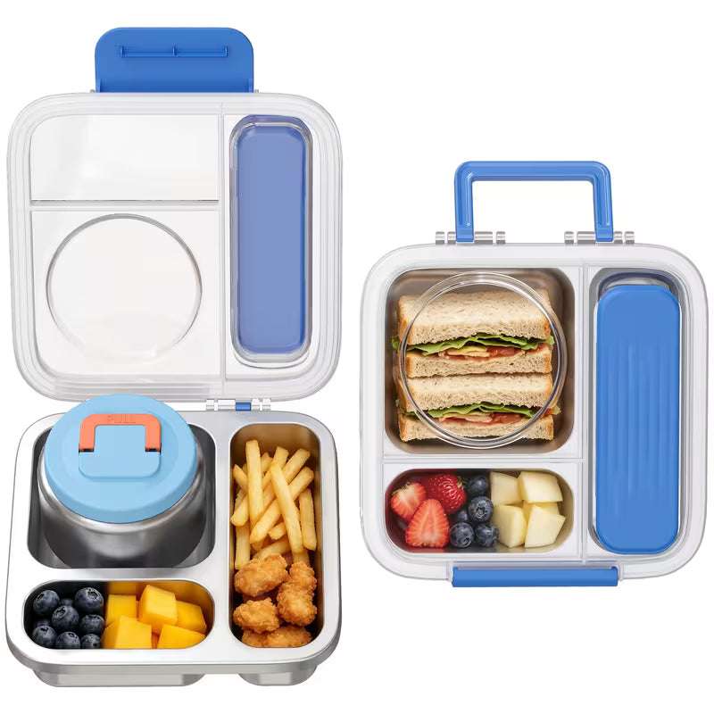 Blue stainless steel bento lunch box set with sandwich, fruit, fries, and soup cup