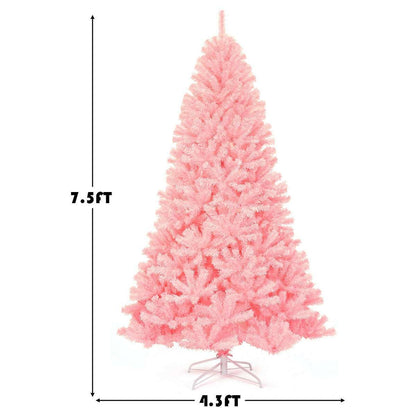 Pink artificial Christmas tree, labeled 7.5 feet tall and 4.3 feet wide