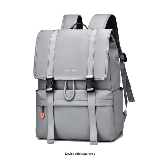 Cool gray laptop backpack with front flap, chest strap, and orange pull tab.
