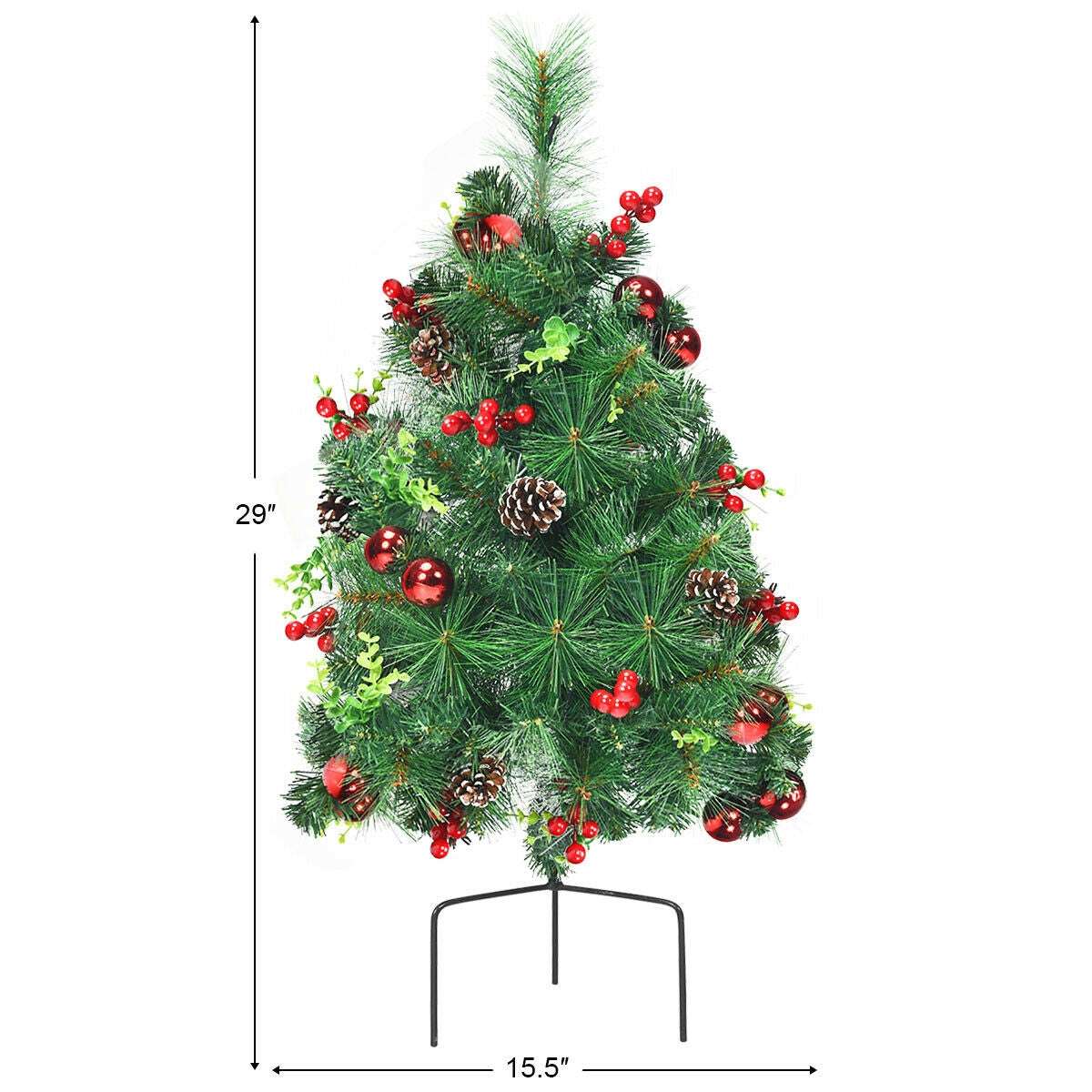 Decorated Christmas tree with metal stand, 29-inch height and 15.5-inch width shown
