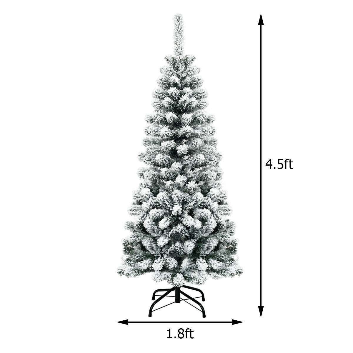 4.5-foot snow-flocked pencil Christmas tree, 1.8 feet wide