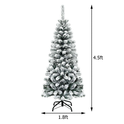 4.5-foot snow-flocked pencil Christmas tree, 1.8 feet wide