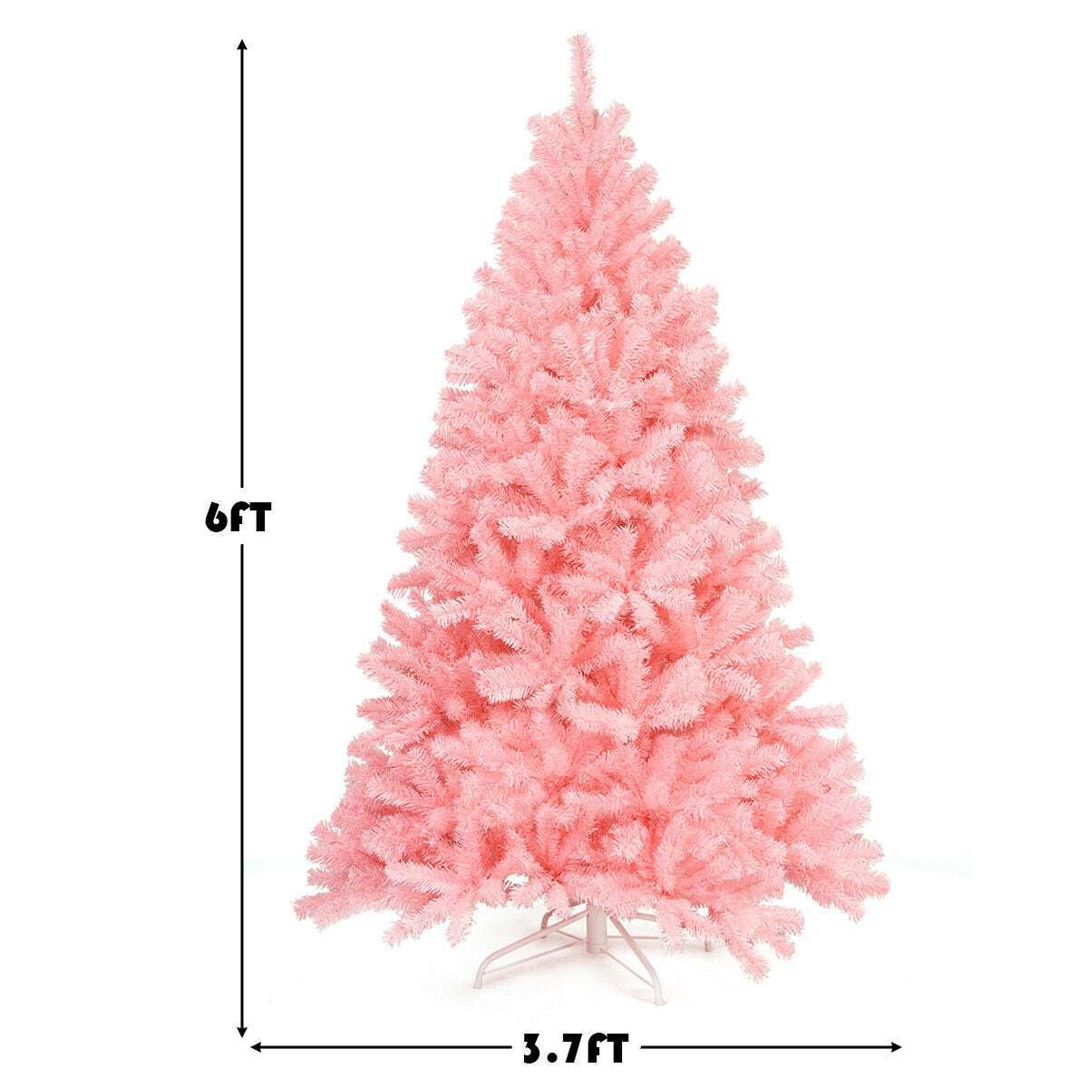 Pink artificial Christmas tree with metal stand, labeled 6 feet tall and 3.7 feet wide