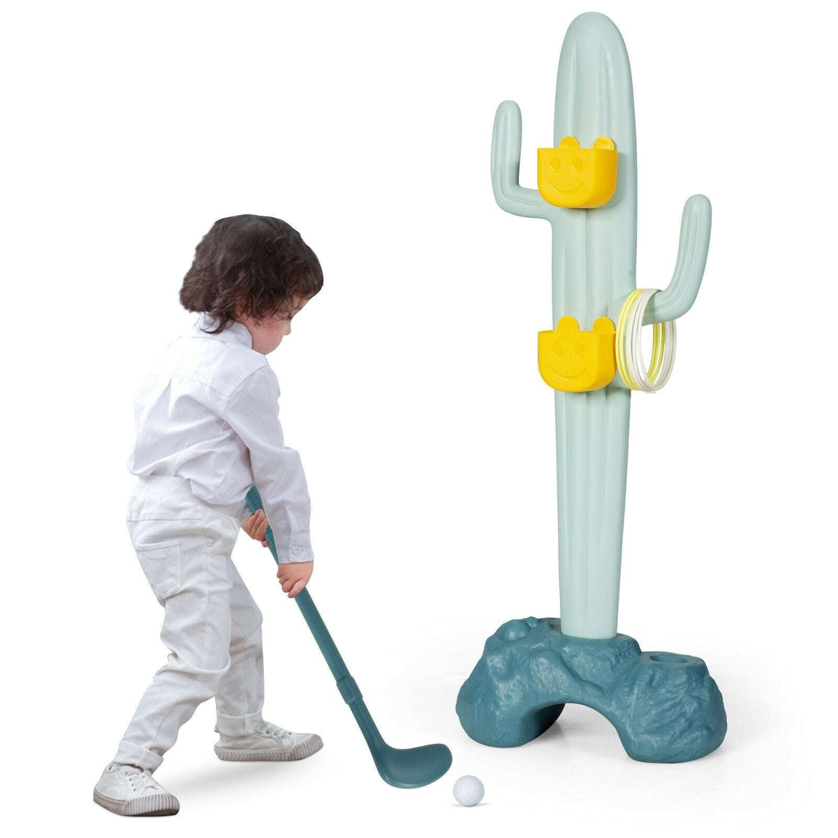 Cactus toy stand with rings and golf accessories beside a child playing golf