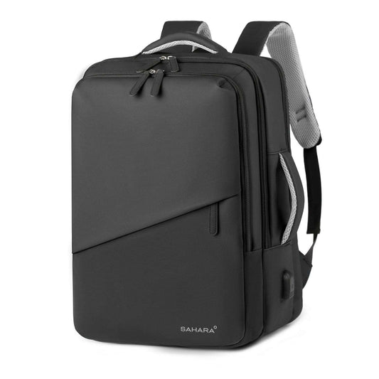Black laptop backpack with top handle, front zipper pocket, and padded shoulder straps