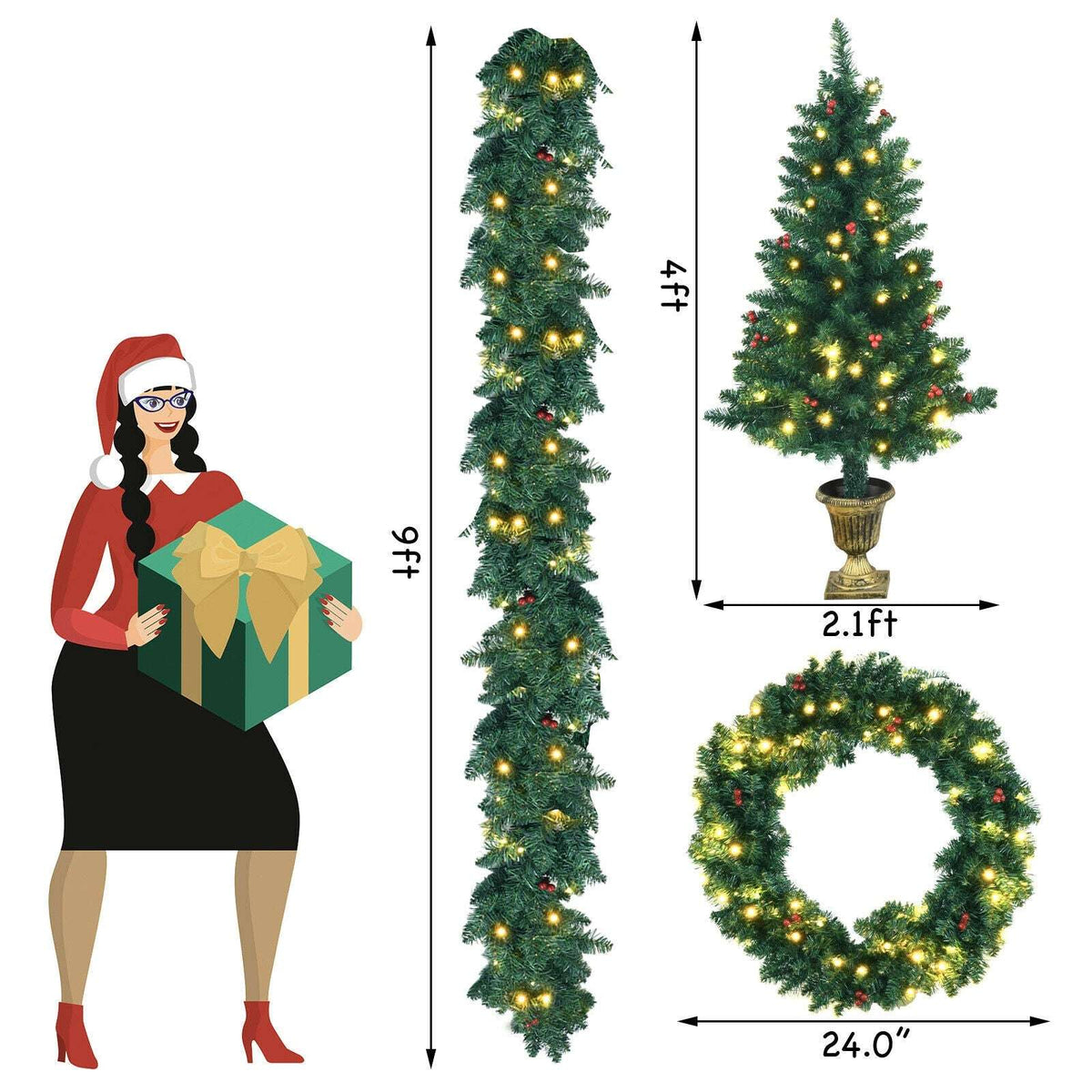 Pre-lit Christmas set with a potted tree, wreath, and tall slim garland; size guide shown