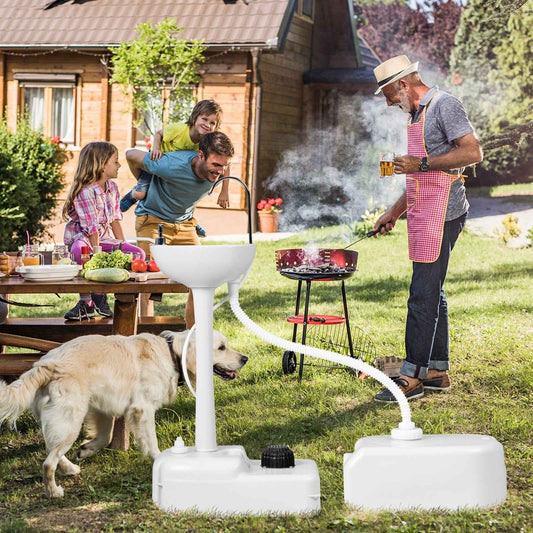 Camping hand wash station with white basin, stand, and 4.5-gallon water tank