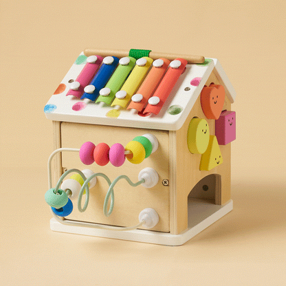 Wooden cottage activity cube with rainbow xylophone top, bead maze, and knob features