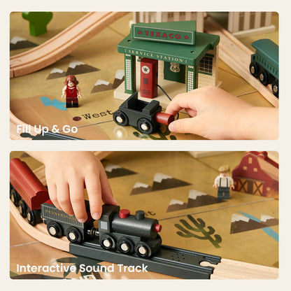 Tiny Land® 1920 Railway Adventure Train Table – 102-Piece Wooden Train Set with Play Table, Sound Effects & Storage | Ages 3+