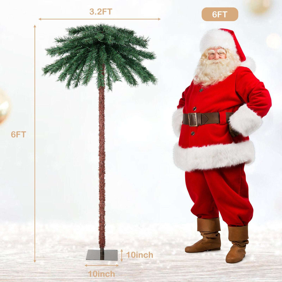 Unlit artificial palm Christmas tree, shown beside a six-foot height guide