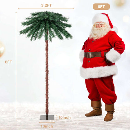 Unlit artificial palm Christmas tree, shown beside a six-foot height guide