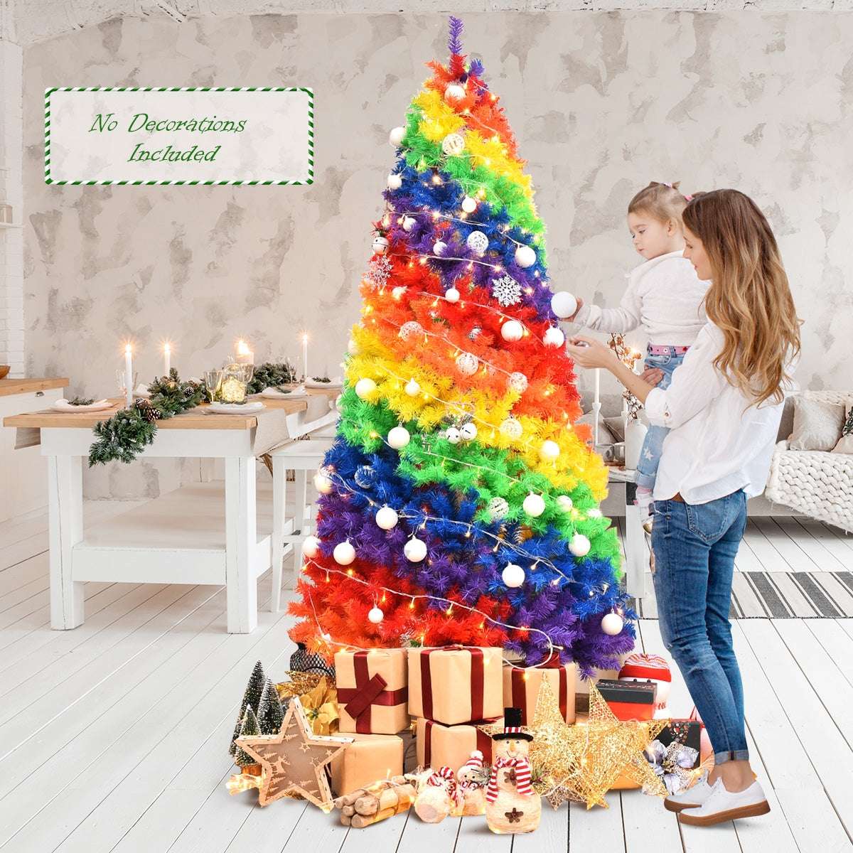 Multicolor artificial Christmas tree decorated with ornaments and lights