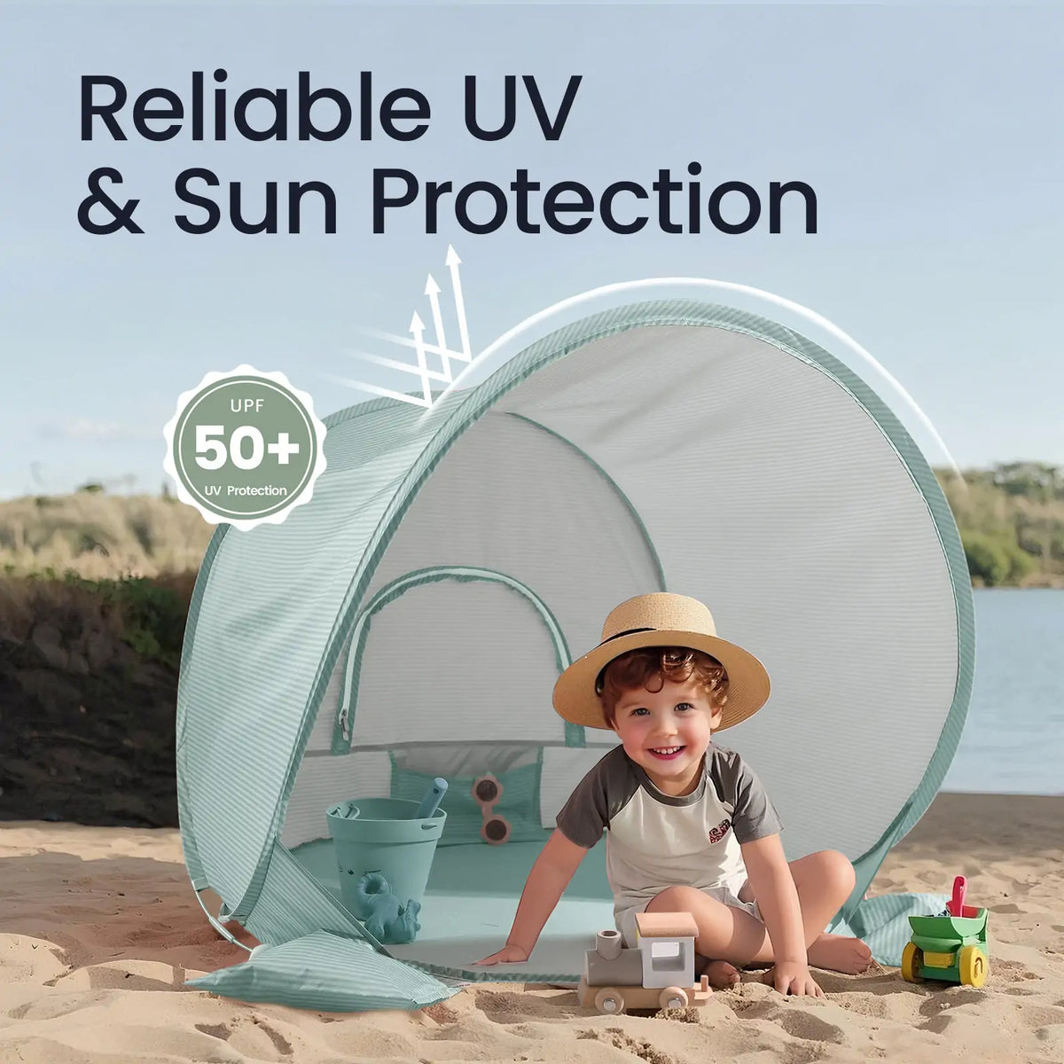 Tiny Land Kids Beach Tent Set with Sand Toys, UV Protection and Sandbag Anchors