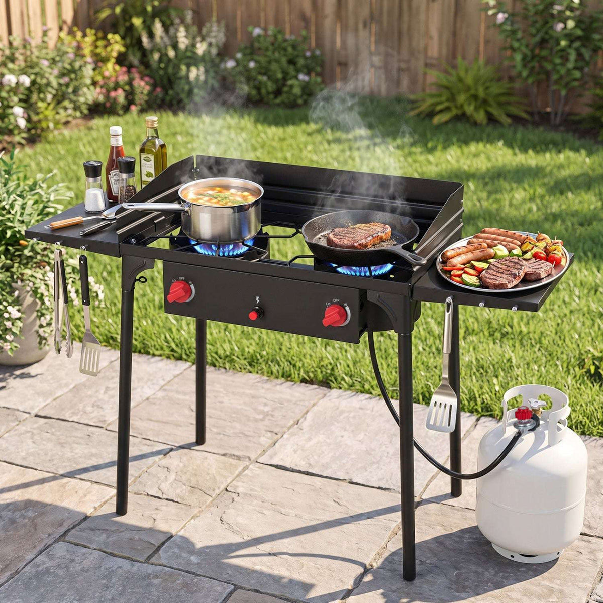 Two-burner propane outdoor stove with side shelves, cooking utensils, and a propane tank