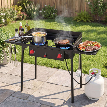 Two-burner propane outdoor stove with side shelves, cooking utensils, and a propane tank