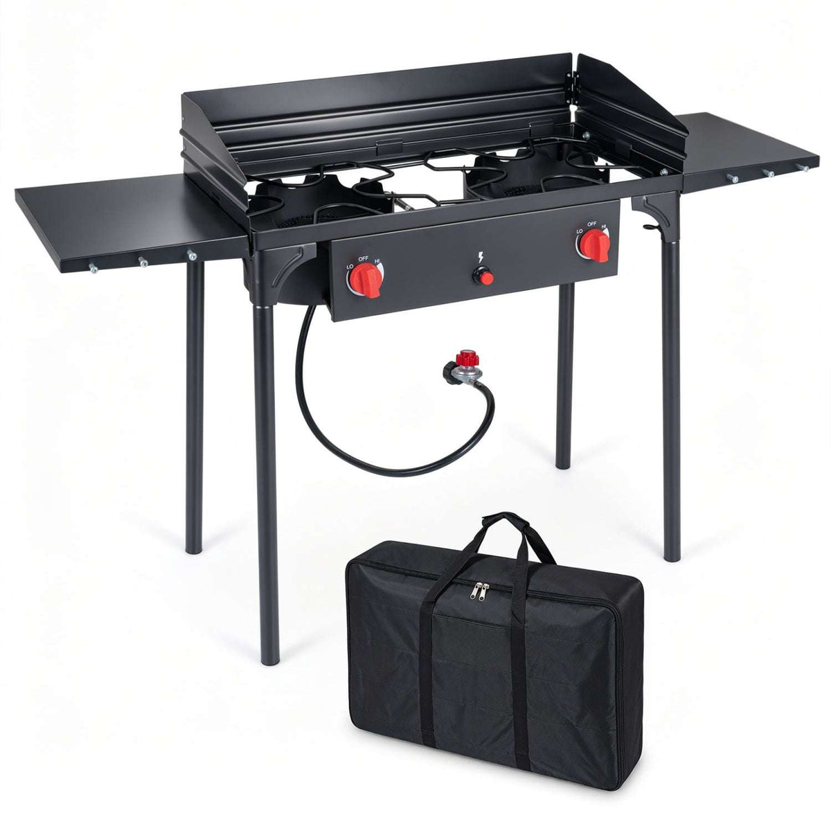 Black two-burner propane stove with side shelves, hose, controls, and carry bag