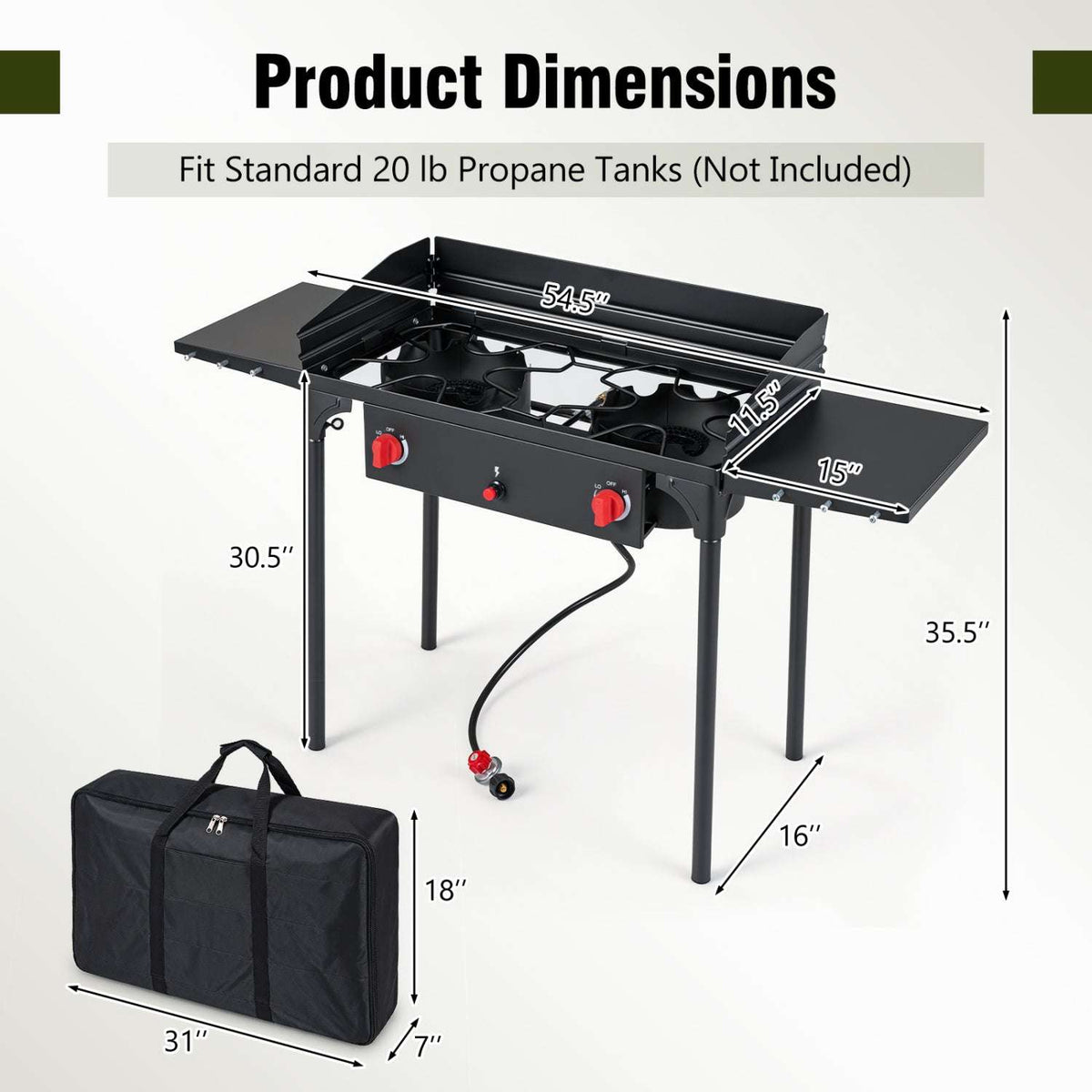 Two-burner propane stove with side shelves and carry bag, shown with dimensions