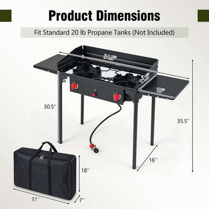 Two-burner propane stove with side shelves and carry bag, shown with dimensions