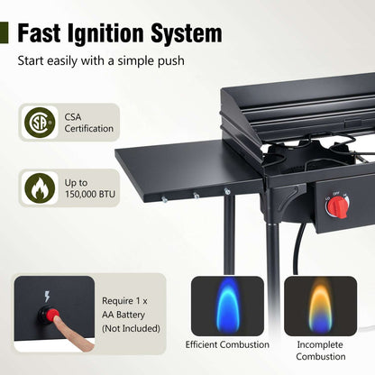 Two-burner propane stove with push-button ignition and up to 150,000 BTU output