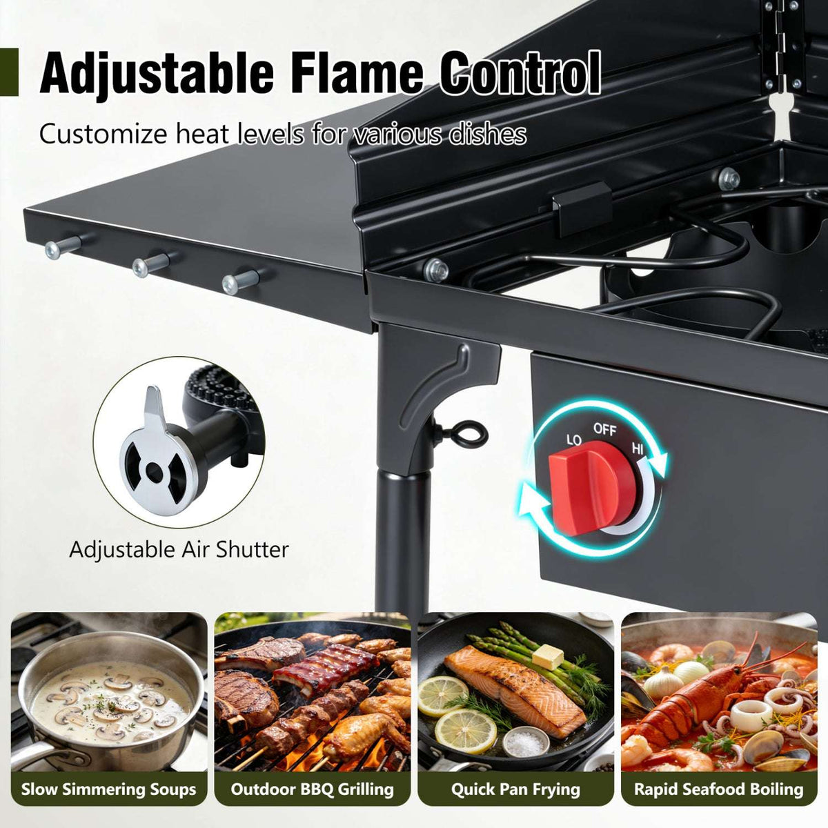 Two-burner propane stove with adjustable flame controls and air shutter