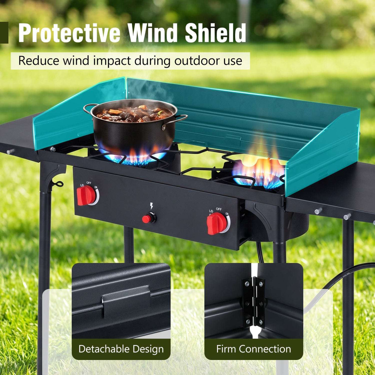Two-burner propane stove with detachable wind shield and cookware
