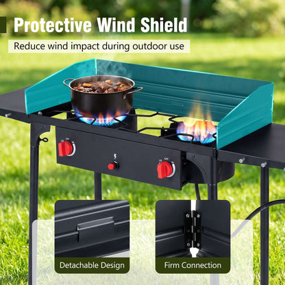 Two-burner propane stove with detachable wind shield and cookware