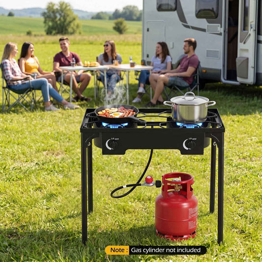2-burner propane stove, black frame; pot on burners with red propane cylinder and hose