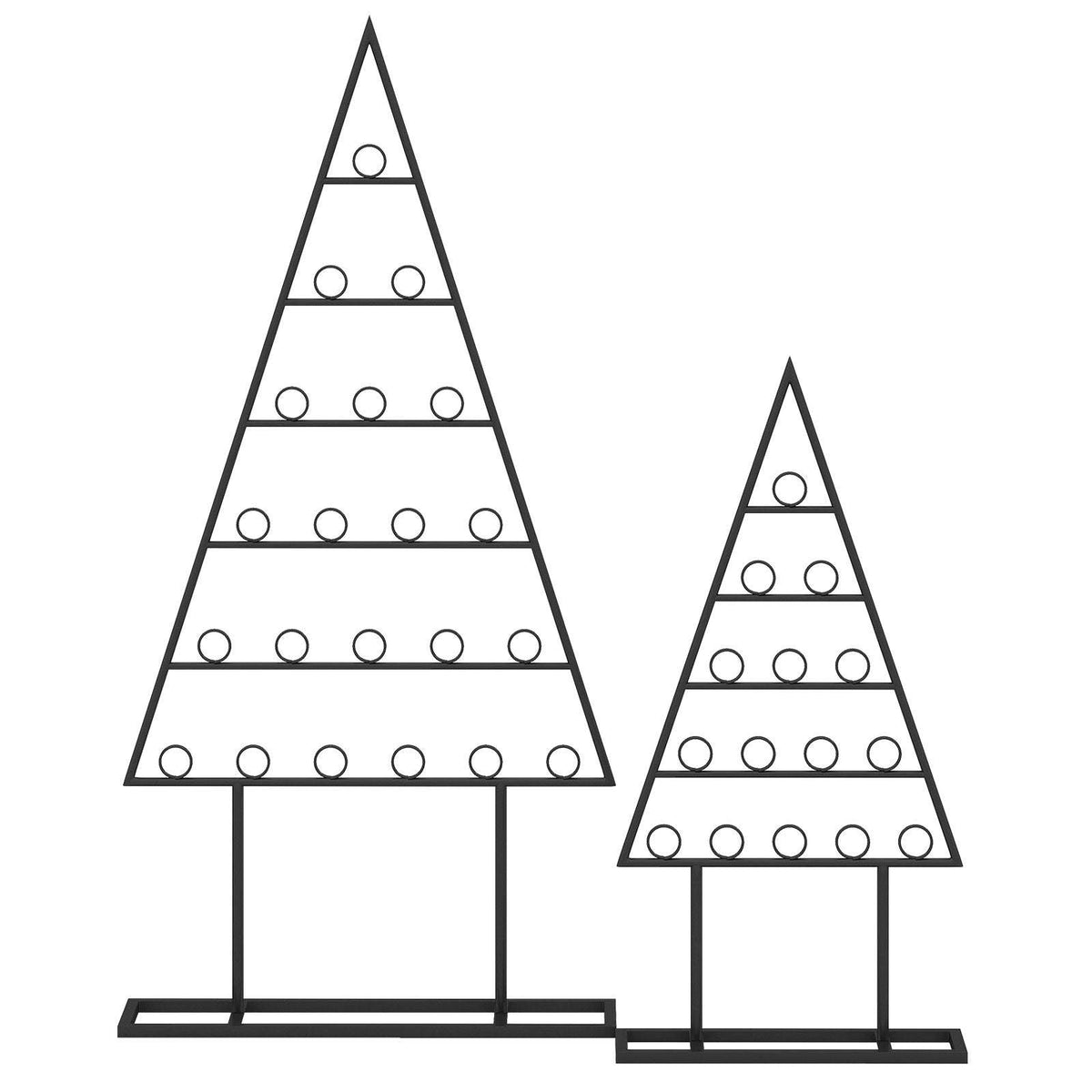 Two black metal Christmas tree photo holders with rows of circular clips.