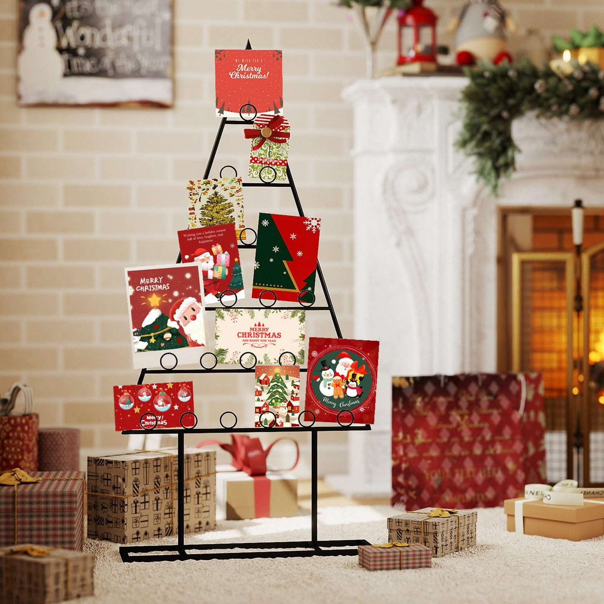 Black metal Christmas tree photo holder displaying cards on circular clips.