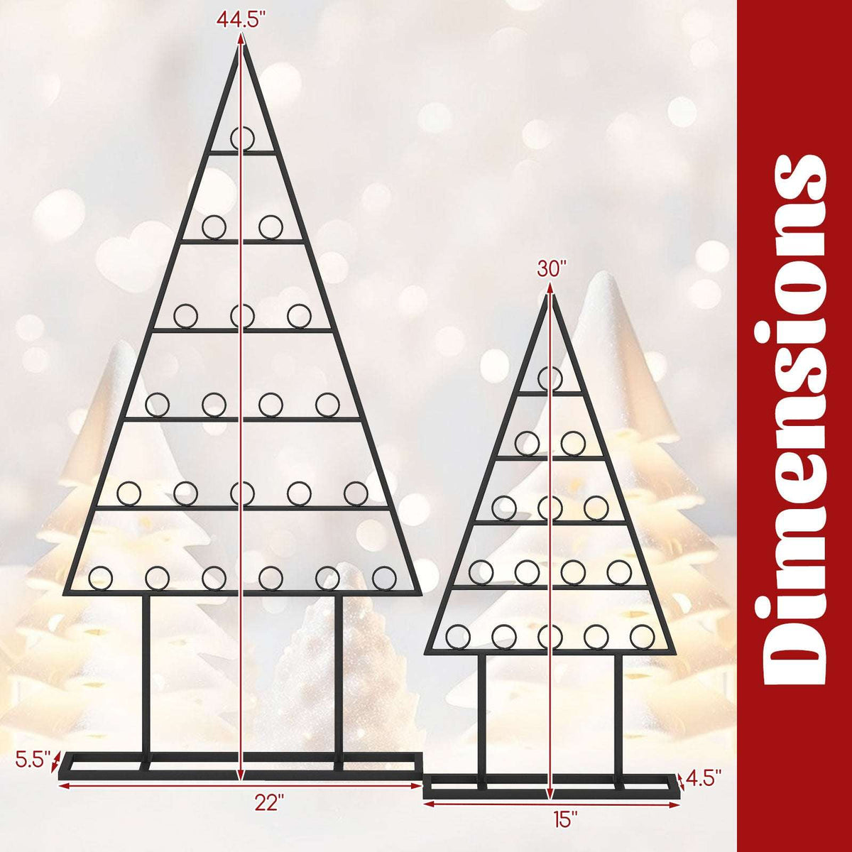 Black metal Christmas tree photo holders with dimensions: 44.5 and 30 inches tall.