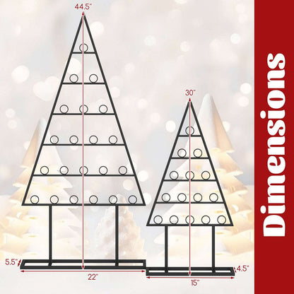 Black metal Christmas tree photo holders with dimensions: 44.5 and 30 inches tall.