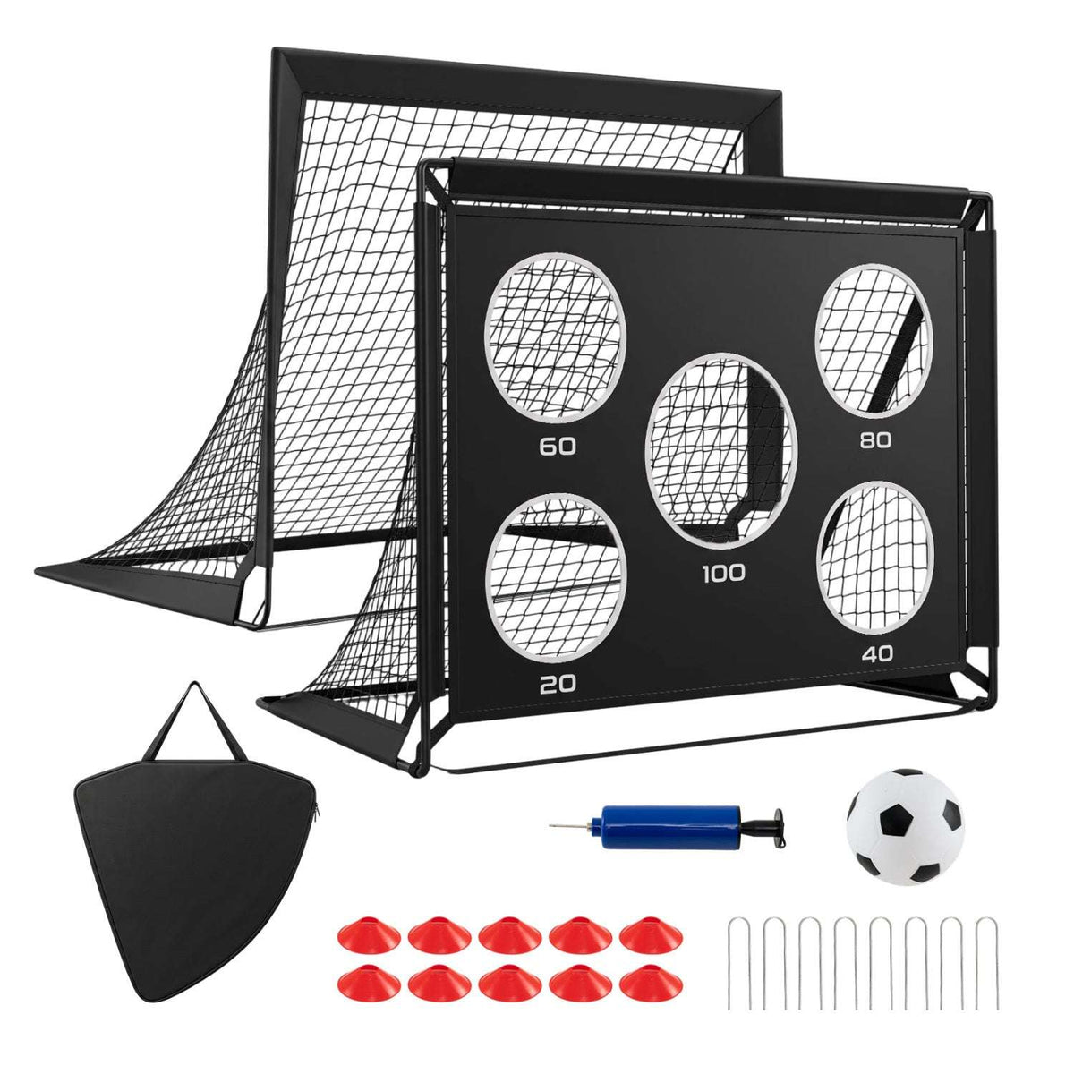 Portable soccer goal set with target panel, carry bag, ball, pump, cones, and ground stakes.