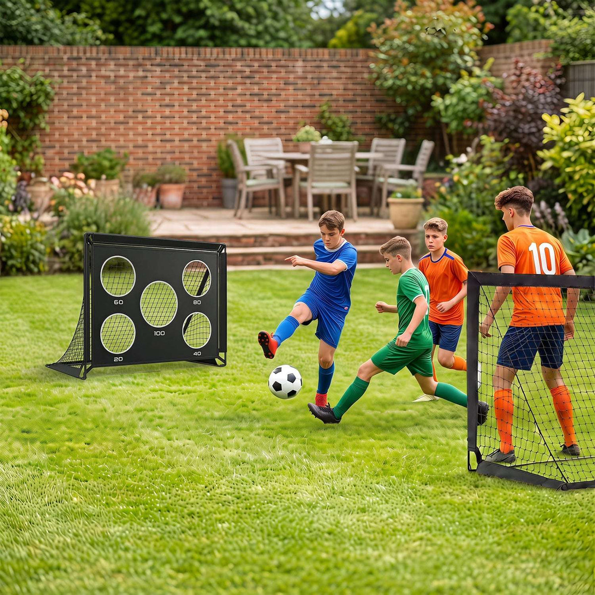 Portable soccer goal set with two goals, a target panel, ball, and players practicing.