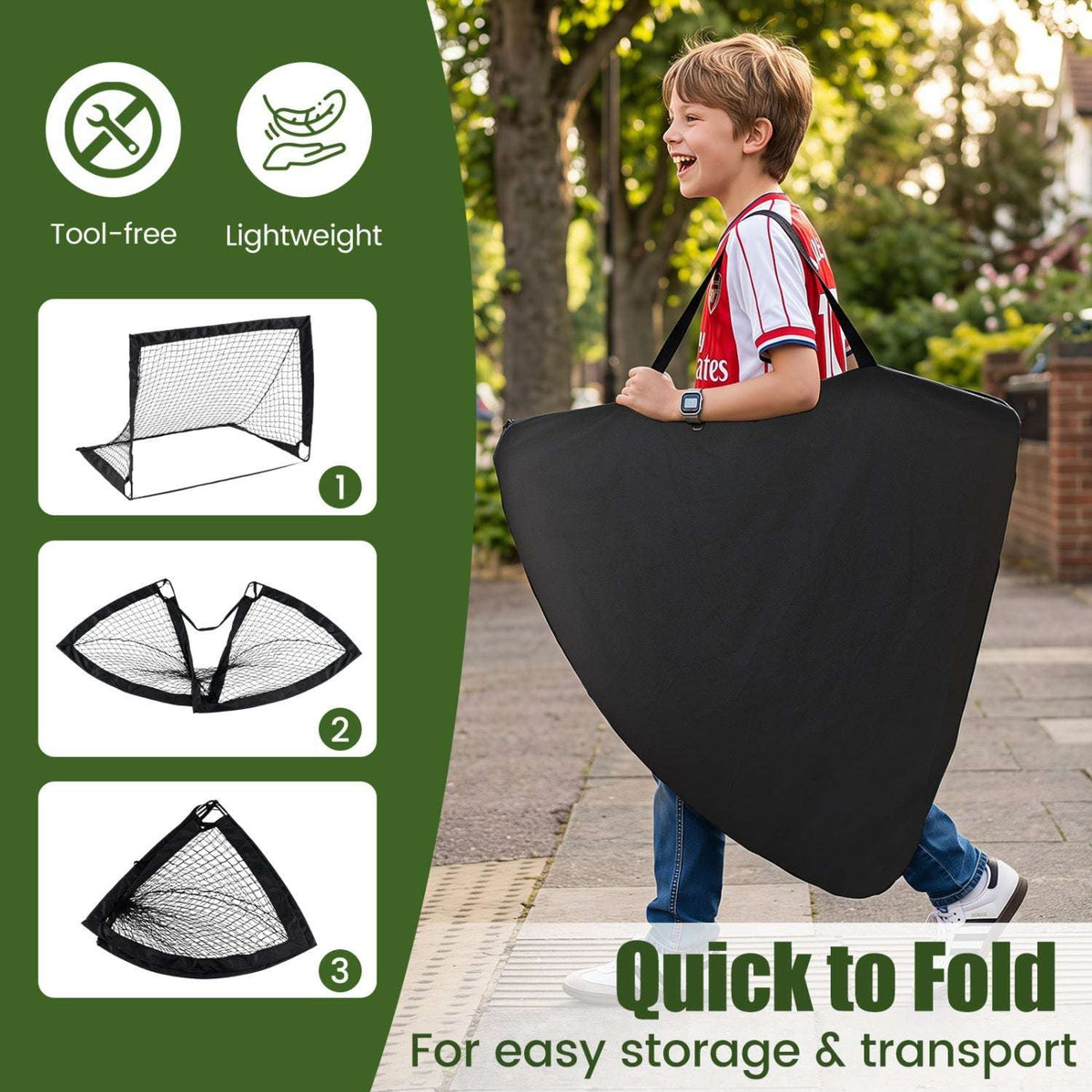 Portable soccer goal folded into a black carry bag for transport.