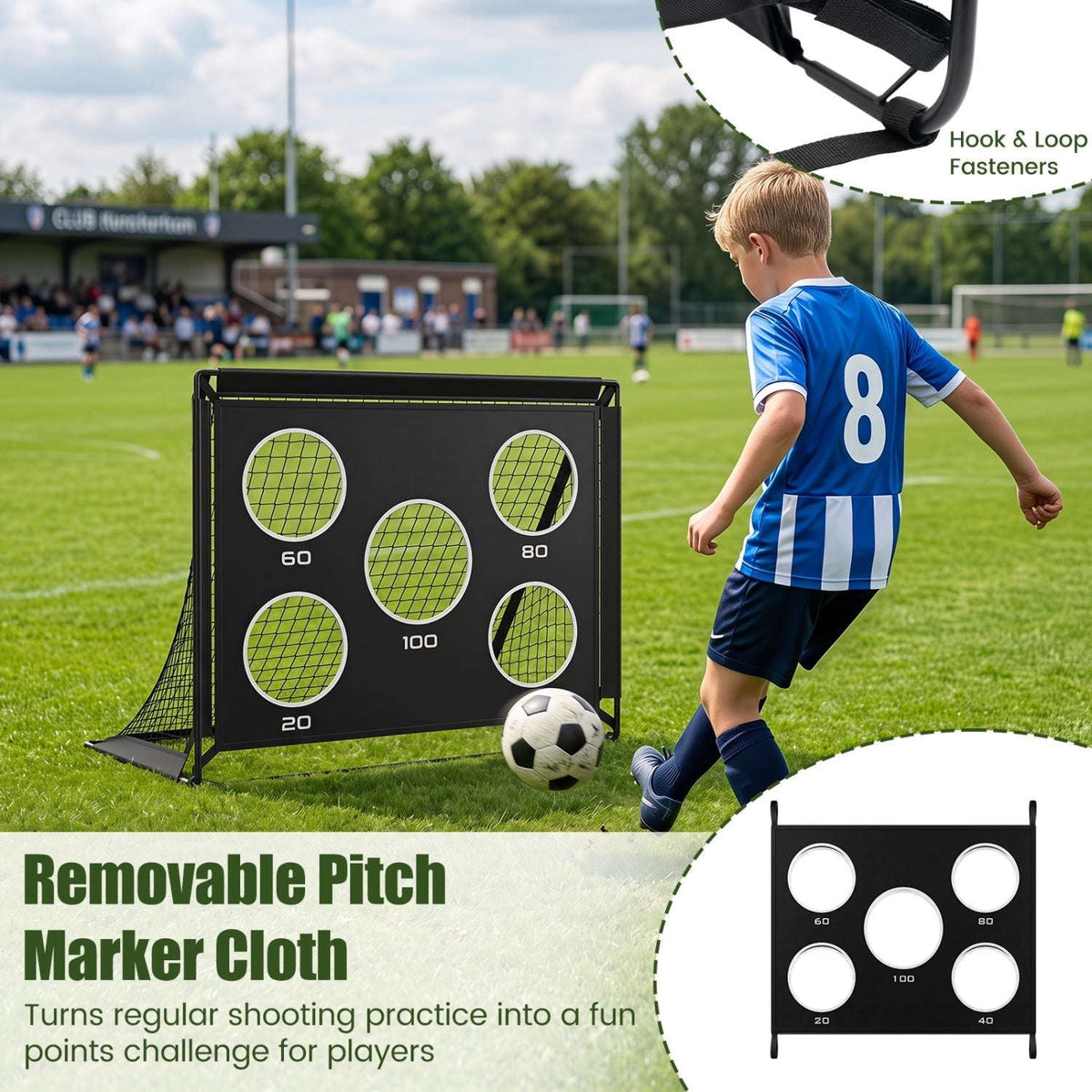 Portable soccer goal with removable five-hole target panel for shooting practice.