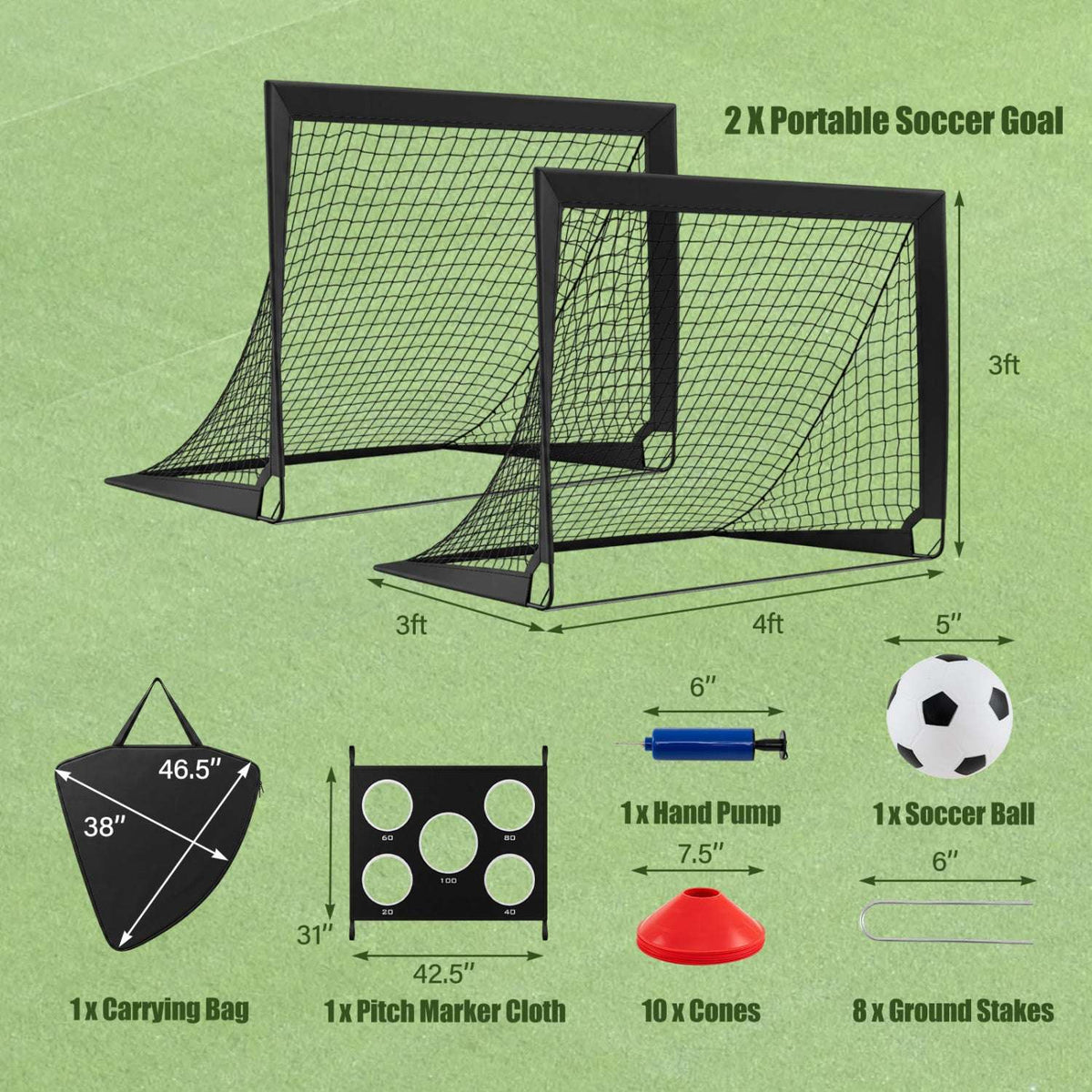 Portable soccer goal set with two goals, target panel, carry bag, pump, ball, cones, and stakes.
