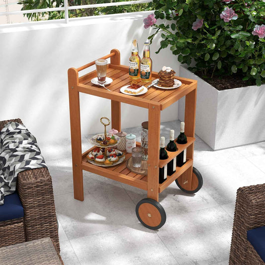 2-Tier Rolling Serving Cart with Wine Bottle Holders and Towel Rack